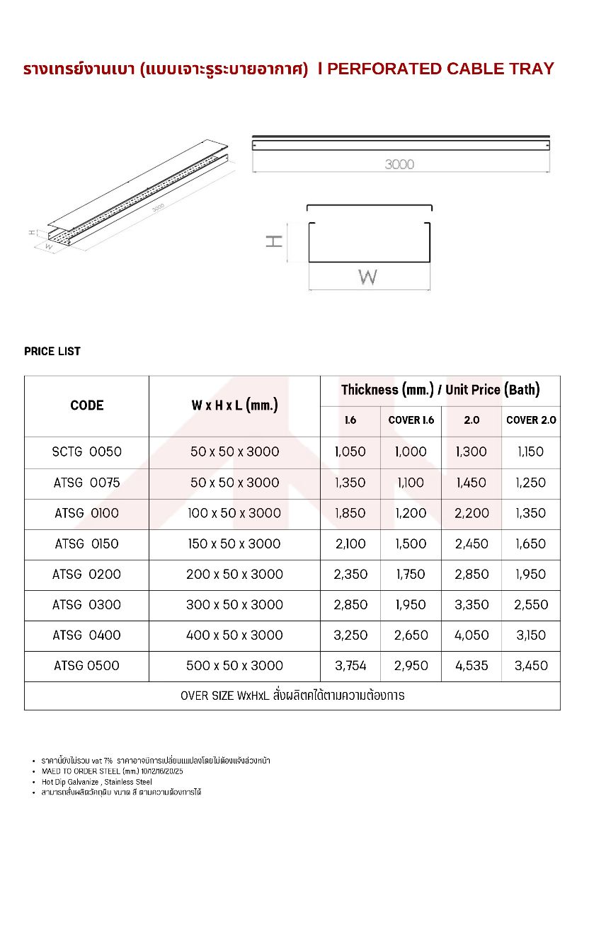 รางเทรย์งานเบา (แบบเจาะรูระบายอากาศ) ชุบกัลวาไนซ์ (STEEL CABLE TRAY PERFORATED)